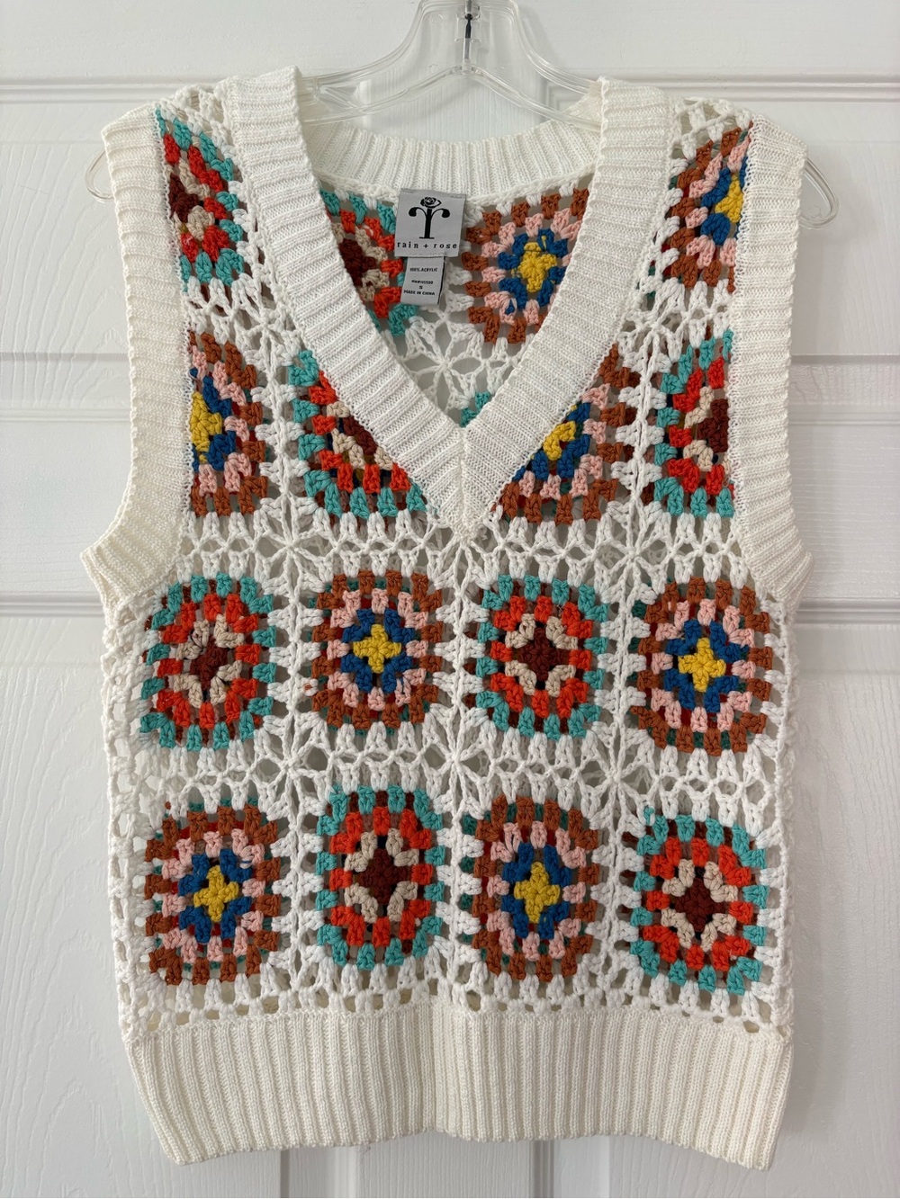 Crochet Granny Square patchwork sweater Vest cream/multicolor small boho